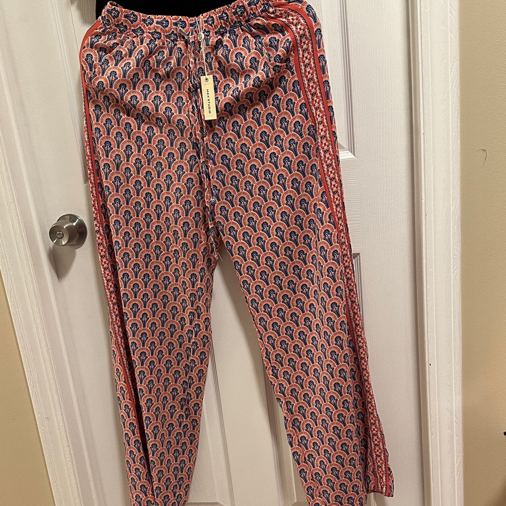 Max Studio Coral and Navy Printed Pull-On Track Pants